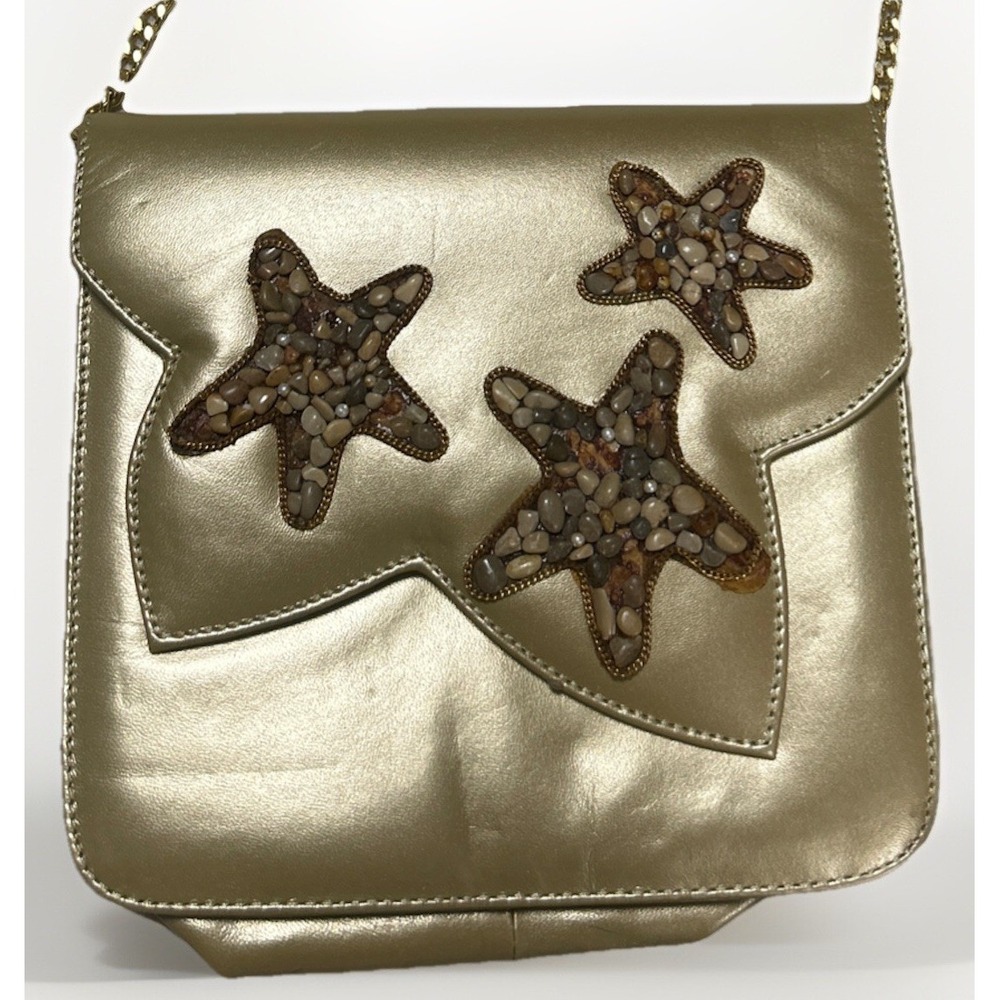 Vintage Timothy Hitsman Purse, Long Gold Chain Stars Stones Metal Rare!